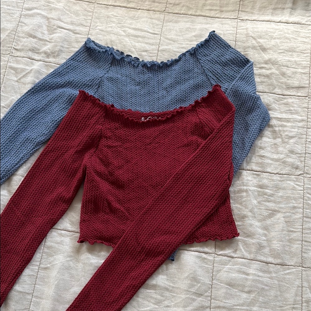 Off-Shoulder Crop Tops - Blue and Red